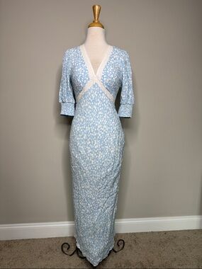 RIXO Light Blue Floral Prairie Maxi Dress with Lace Trim Short Sleeve Size 4